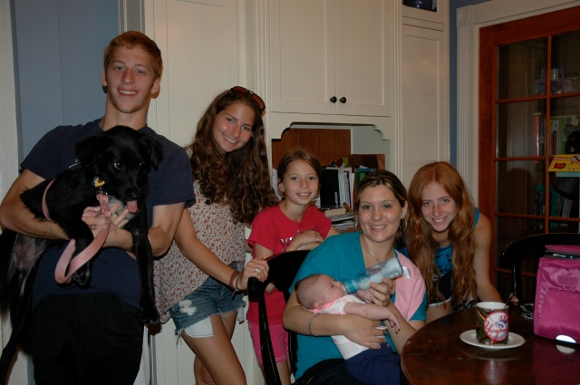 kids and puppy with our old babysitter (and now dear friend) and her baby